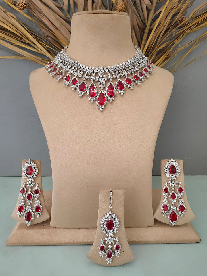 Red Color Silver Plated Faux Diamond Bridal Necklace Set