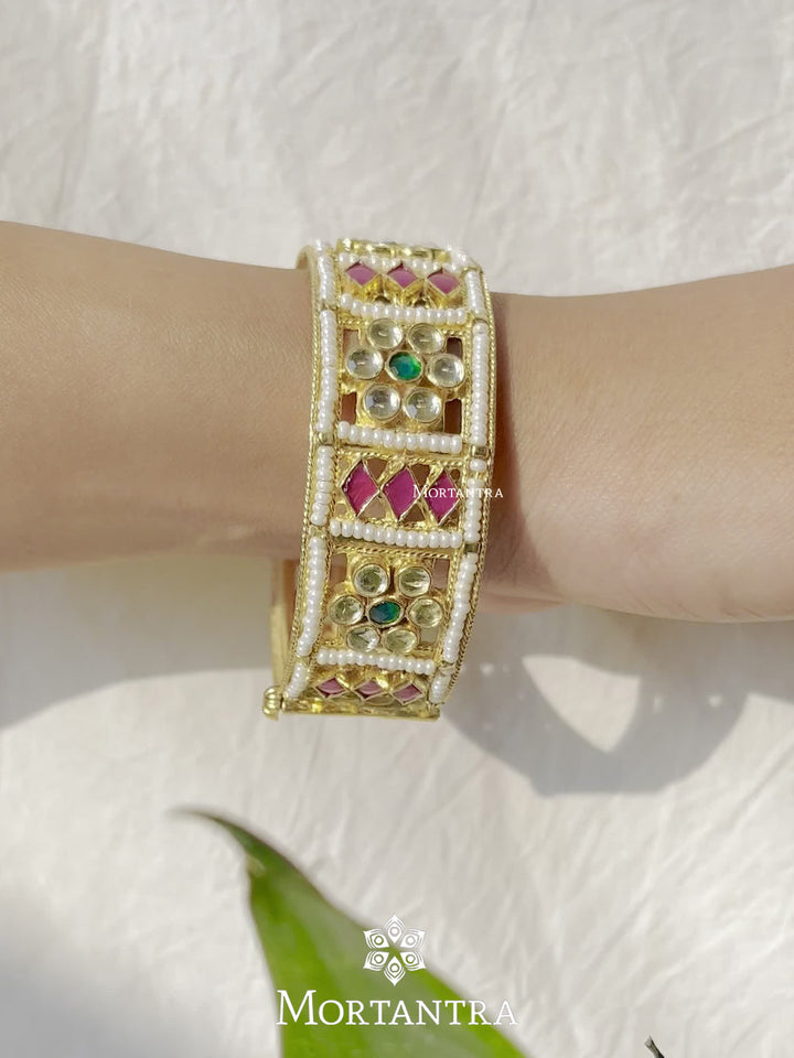 Pink Green Flower Motif Jadau Broad Gold Plated Bangle