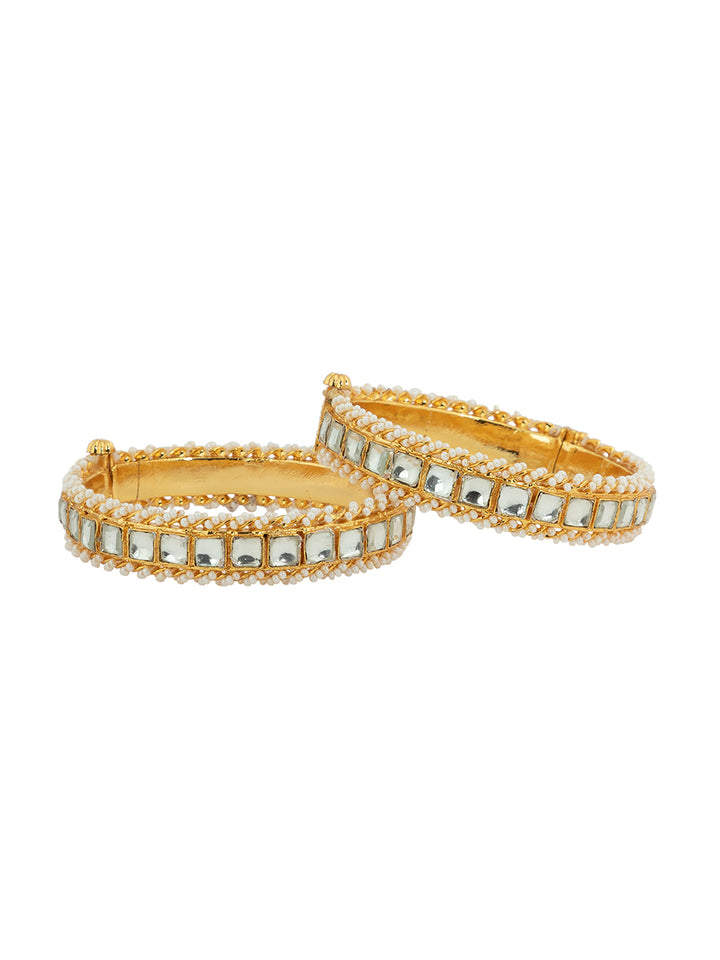 White Square Jadau Pearl Gold Plated Bangles