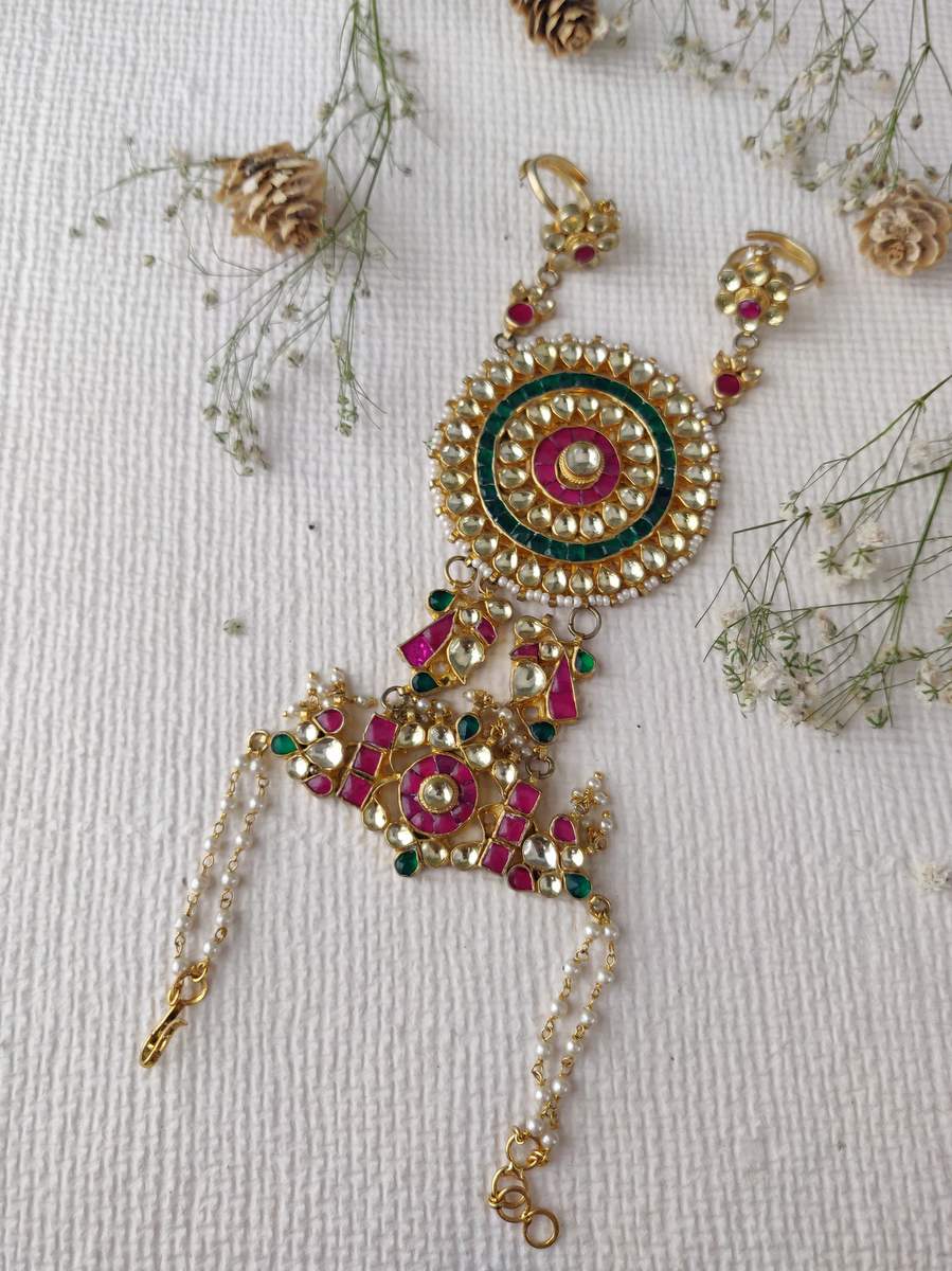 Pink Green Round Floral Pearl stringed Gold Plated Haathphool