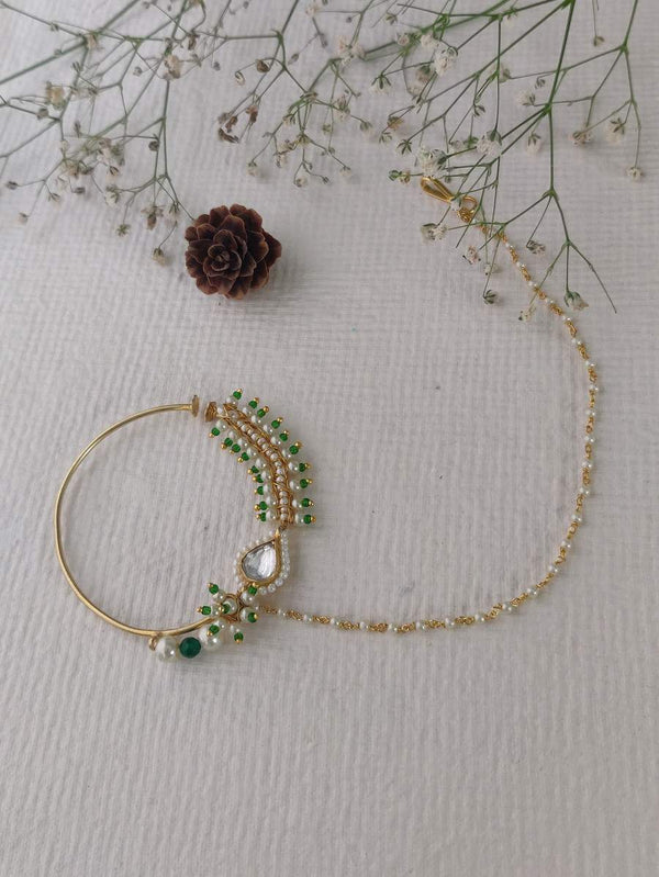 Green Pearl work Jadau Gold Plated Nose Ring