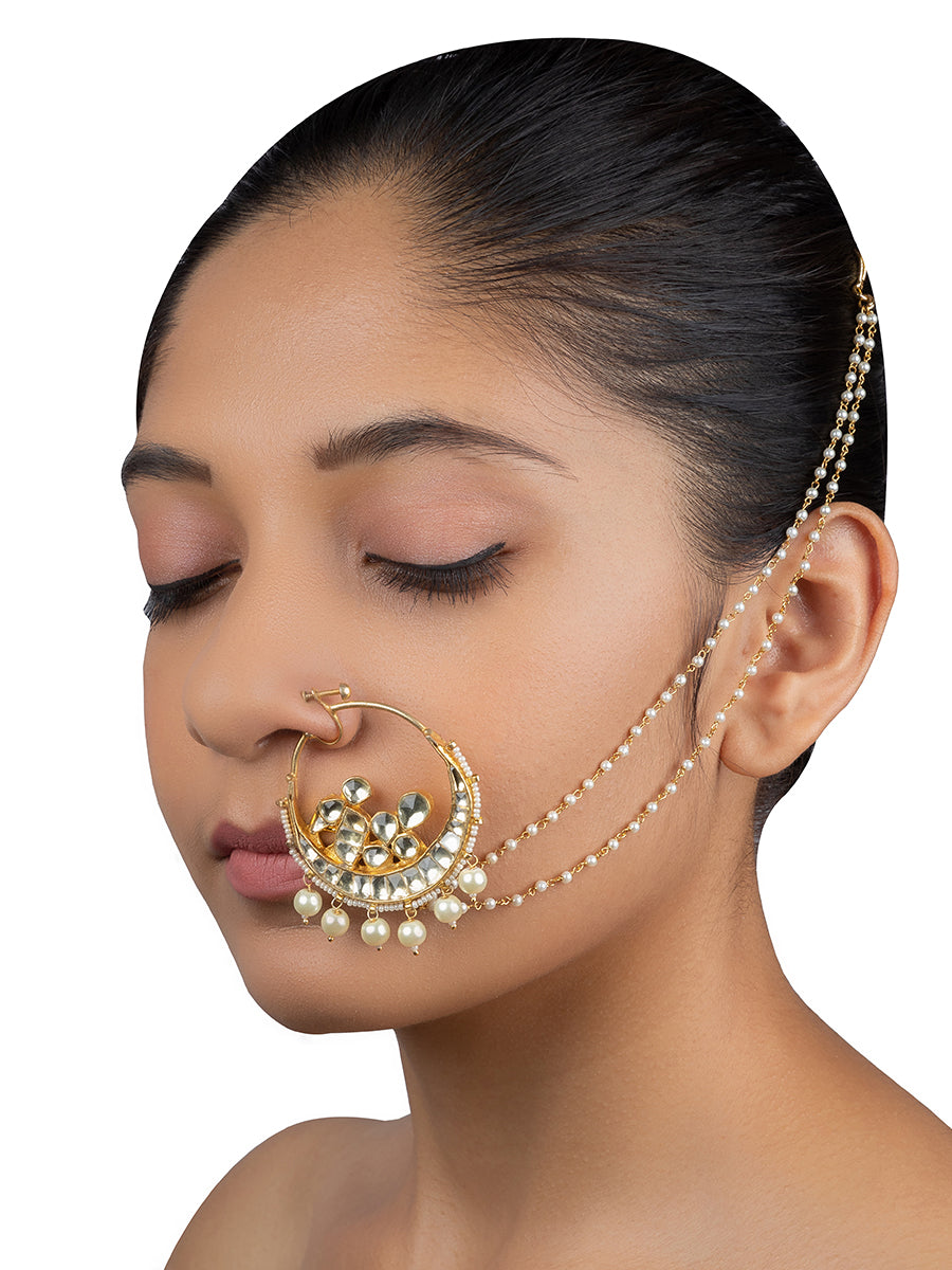 White Peacock Crecent Pearl Drop Jadau Gold Plated Nose Ring