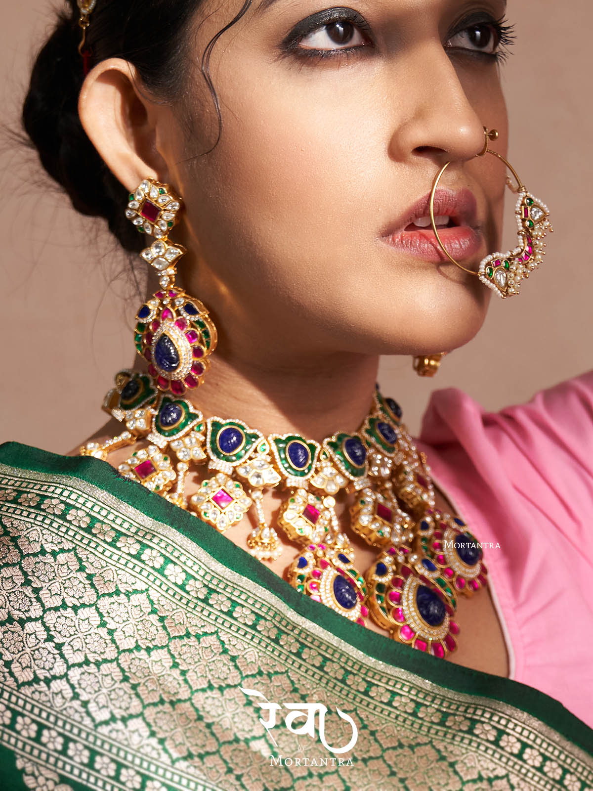 MO-S10M - Multicolor Bridal Jadau Kundan Medium Necklace Set With Tikka And Ring