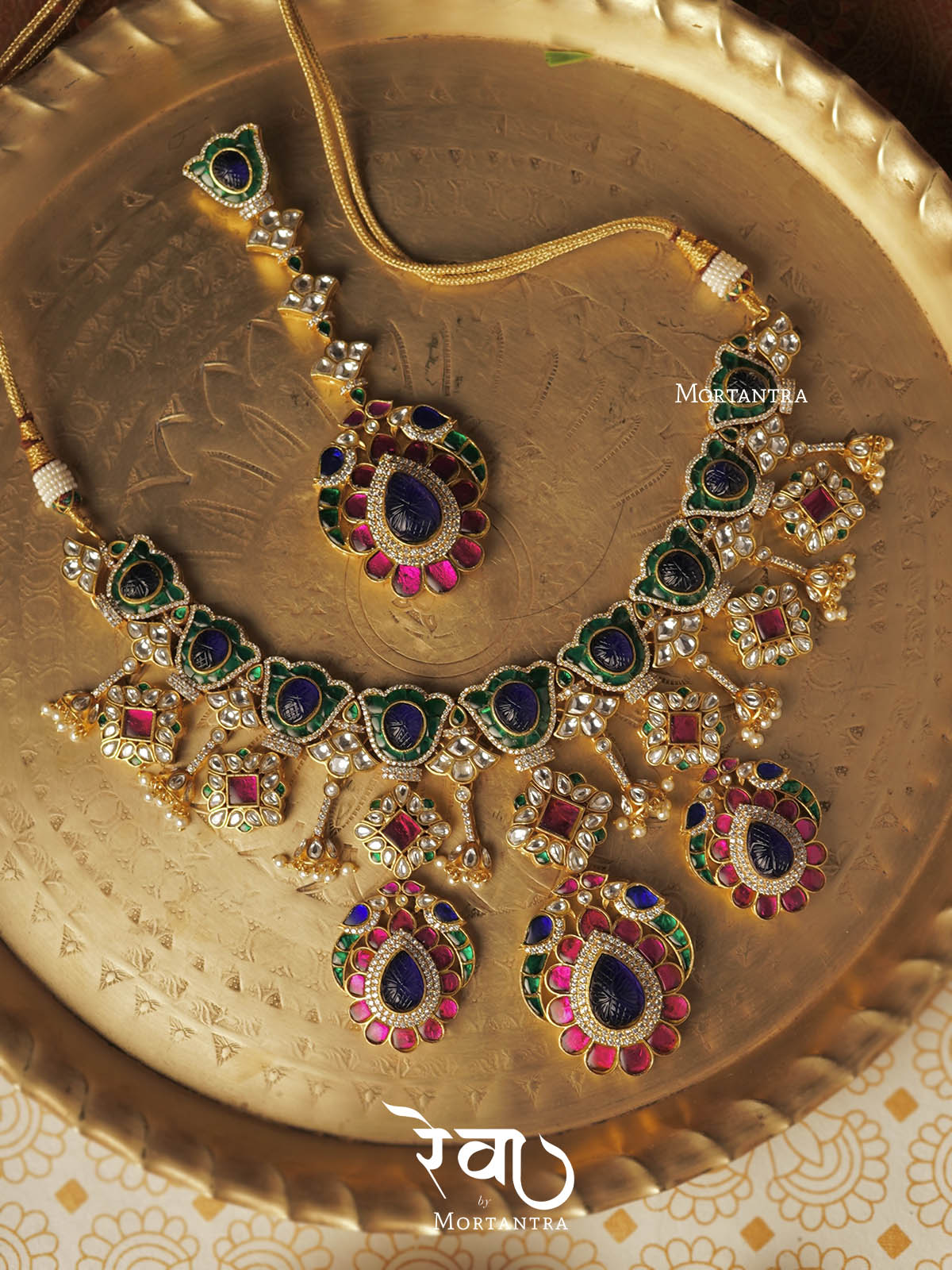 MO-S10M - Multicolor Bridal Jadau Kundan Medium Necklace Set With Tikka And Ring