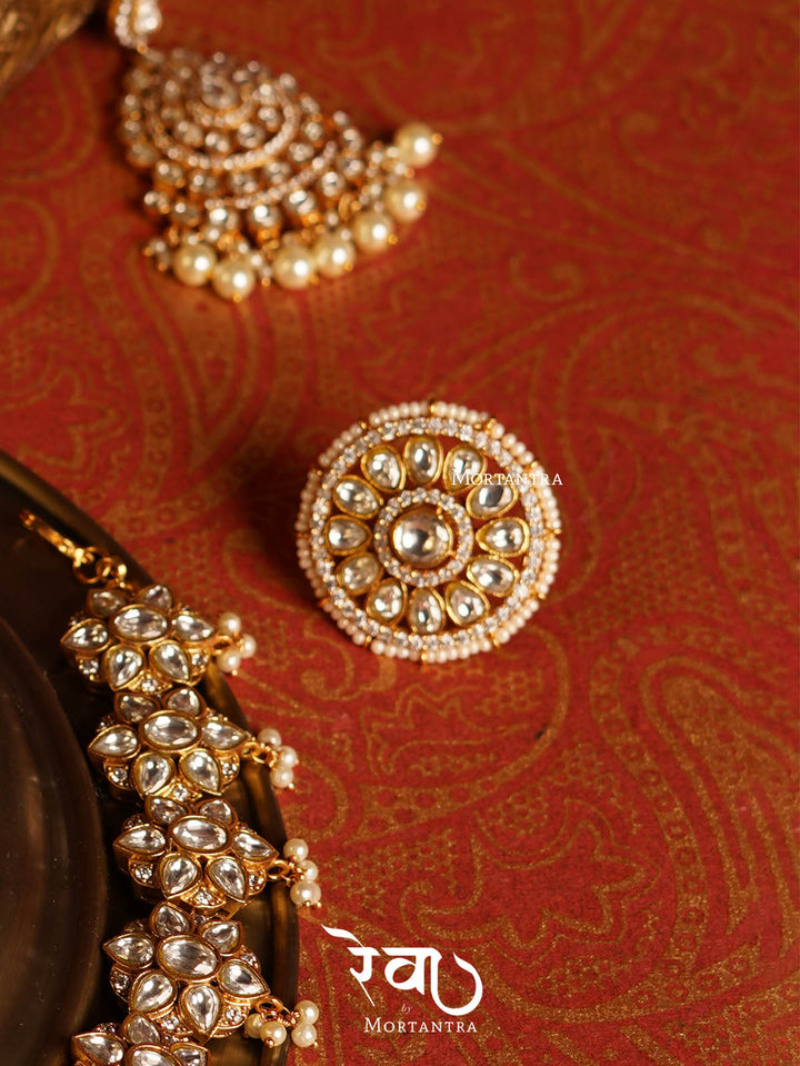 MO-S11W - White Color Gold Plated Bridal Jadau Kundan Medium Necklace Set