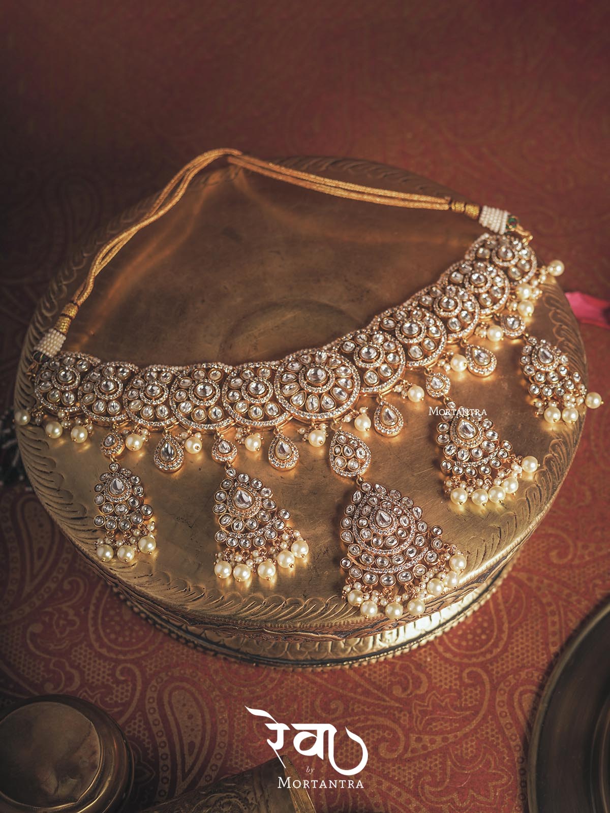 MO-S11W - White Color Gold Plated Bridal Jadau Kundan Medium Necklace Set