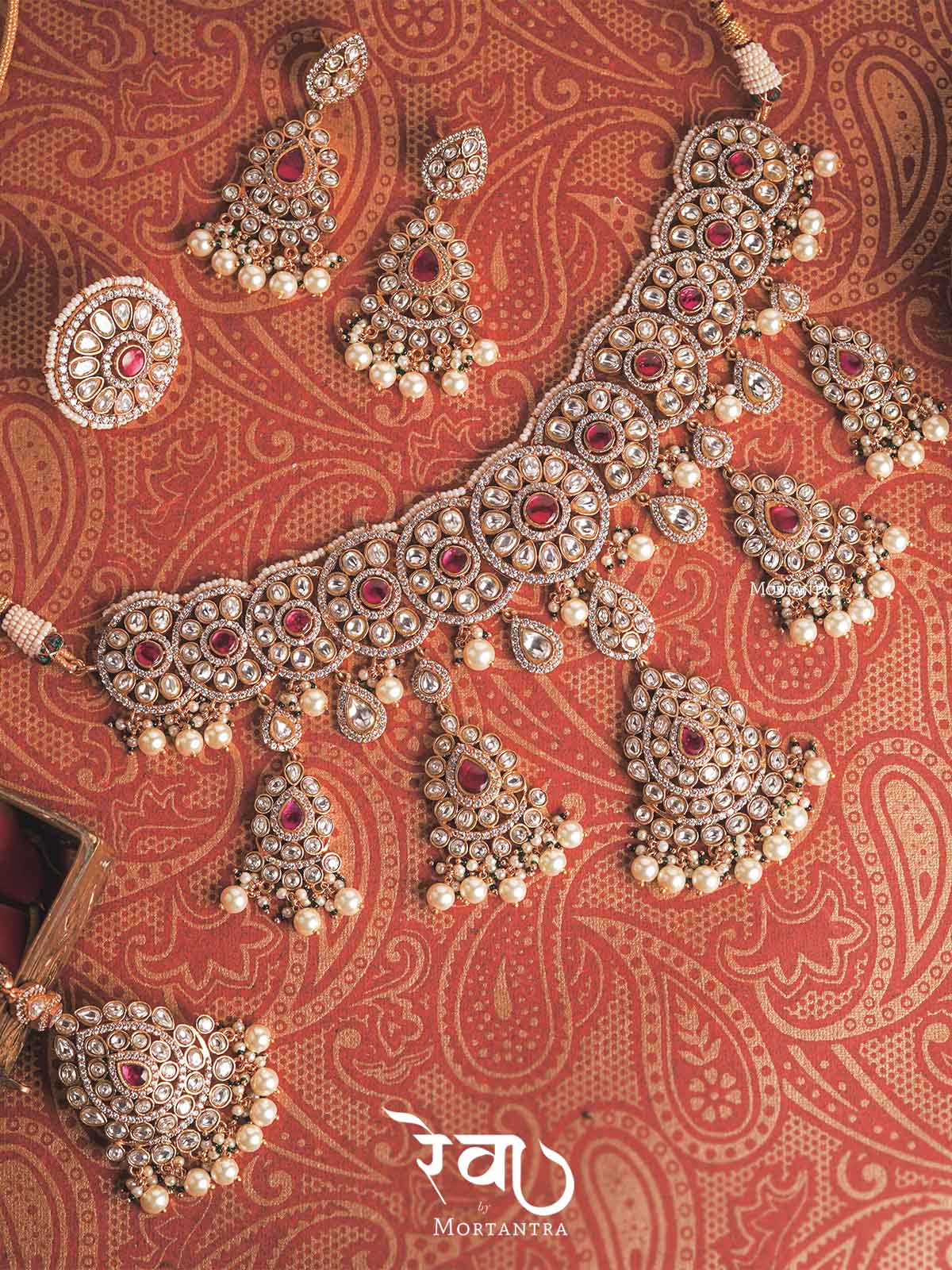 MO-S11WP - Pink Color Bridal Jadau Kundan Medium Necklace Set