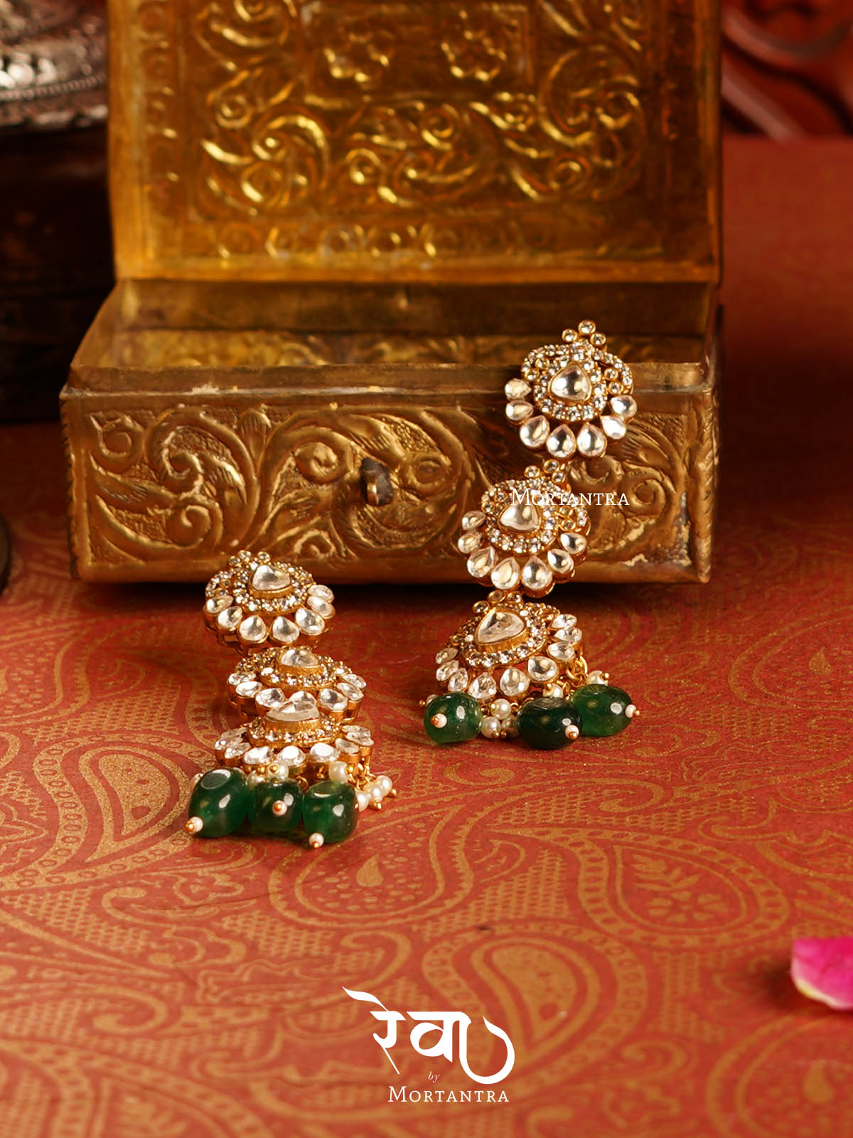MO-S14WGR - Green Color Bridal Jadau Kundan Medium Choker Necklace Set