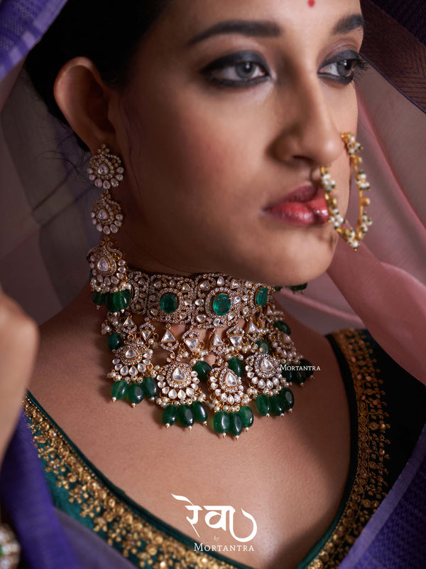 MO-S14WGR - Green Color Bridal Jadau Kundan Medium Choker Necklace Set