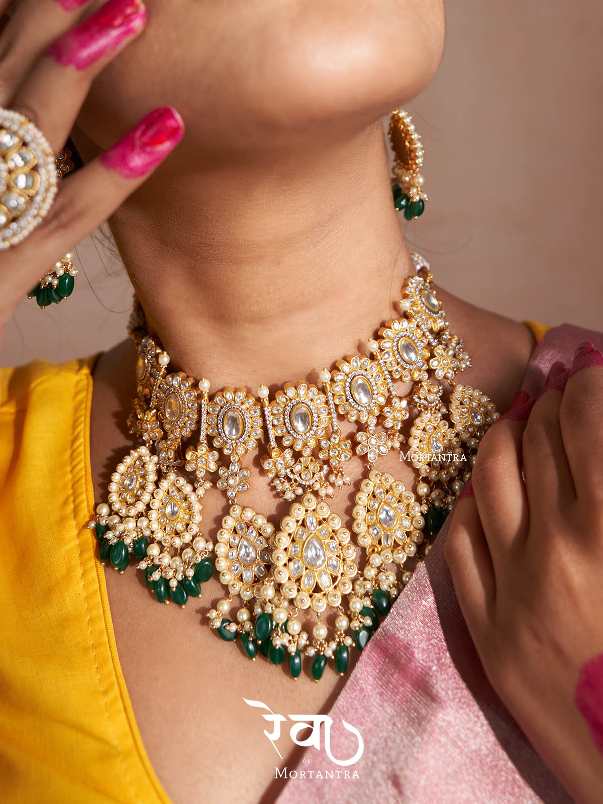 MO-S15W - Green Color Bridal Jadau Kundan Medium Necklace Set