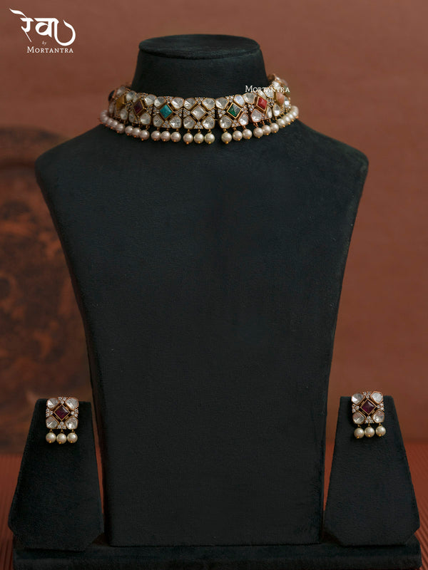 MO-S3N - Multicolor Navratna Jadau Kundan Choker Necklace Set