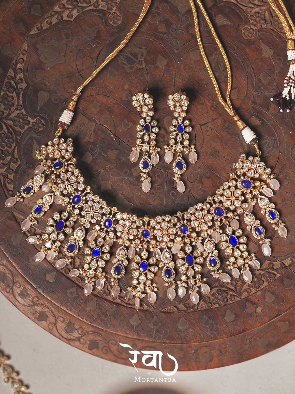 MO-S7WBL - Blue Color Bridal Jadau Kundan Medium Necklace Set