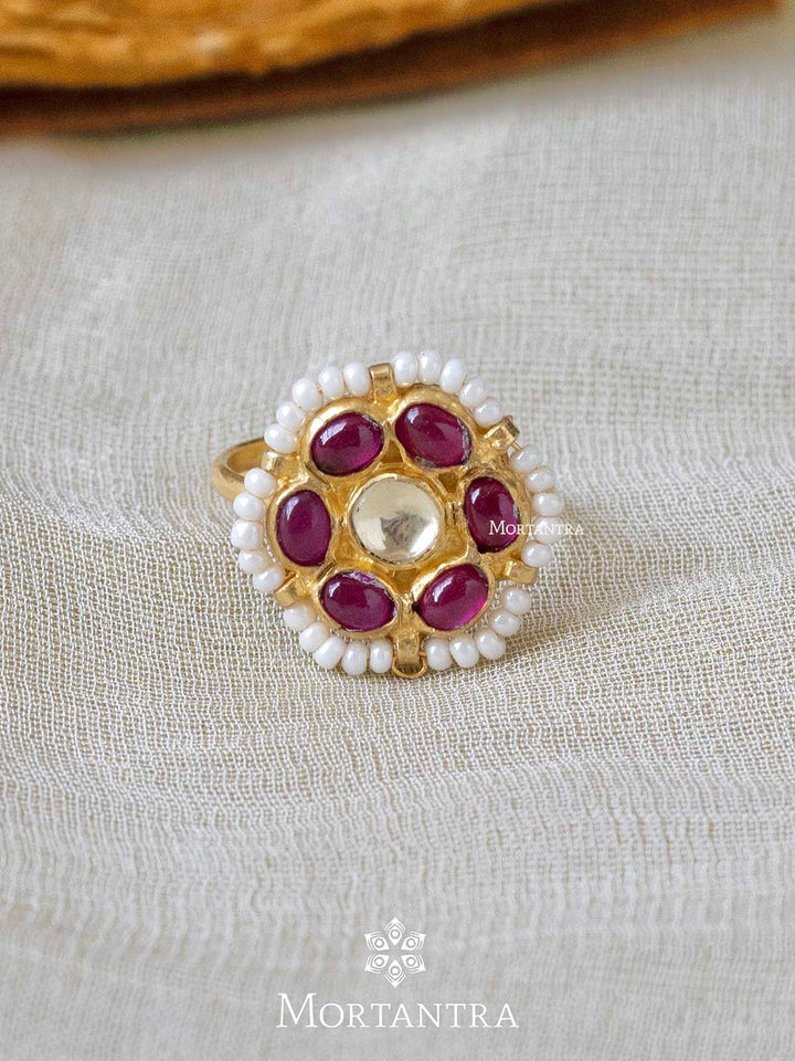 MRNG122YP - Pink Color Gold Plated Adjustable Jadau Kundan Ring