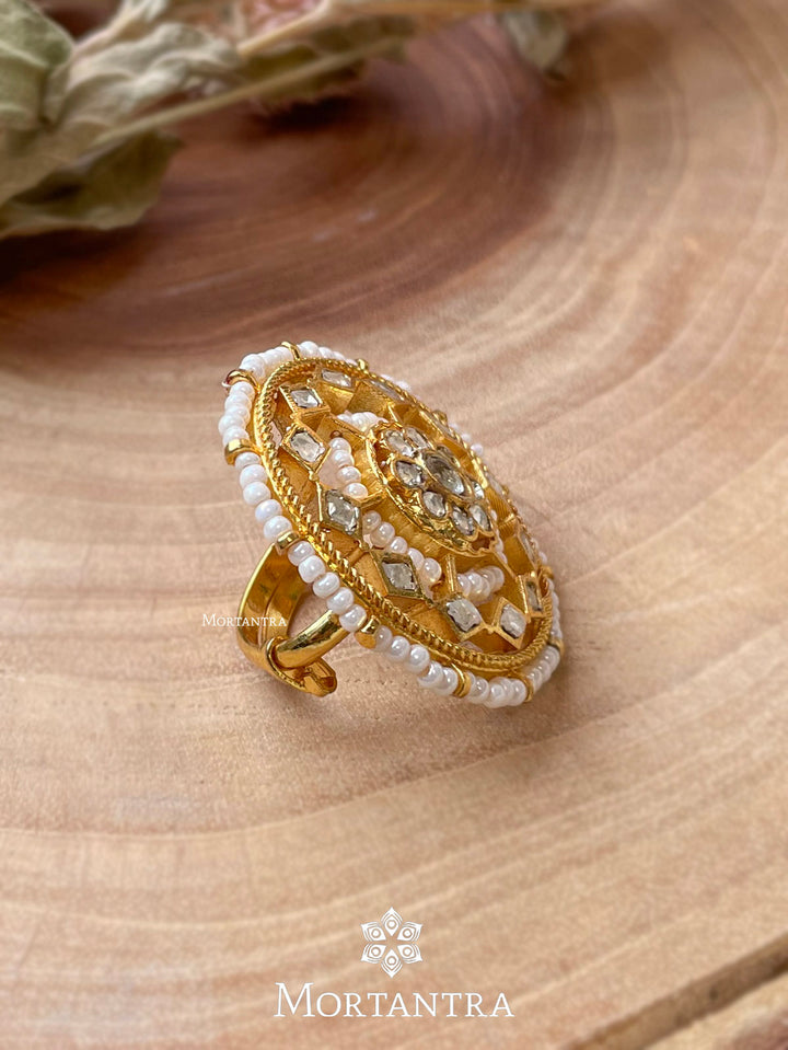 MRNG134Y - White Color Gold Plated Adjustable Jadau Kundan Ring