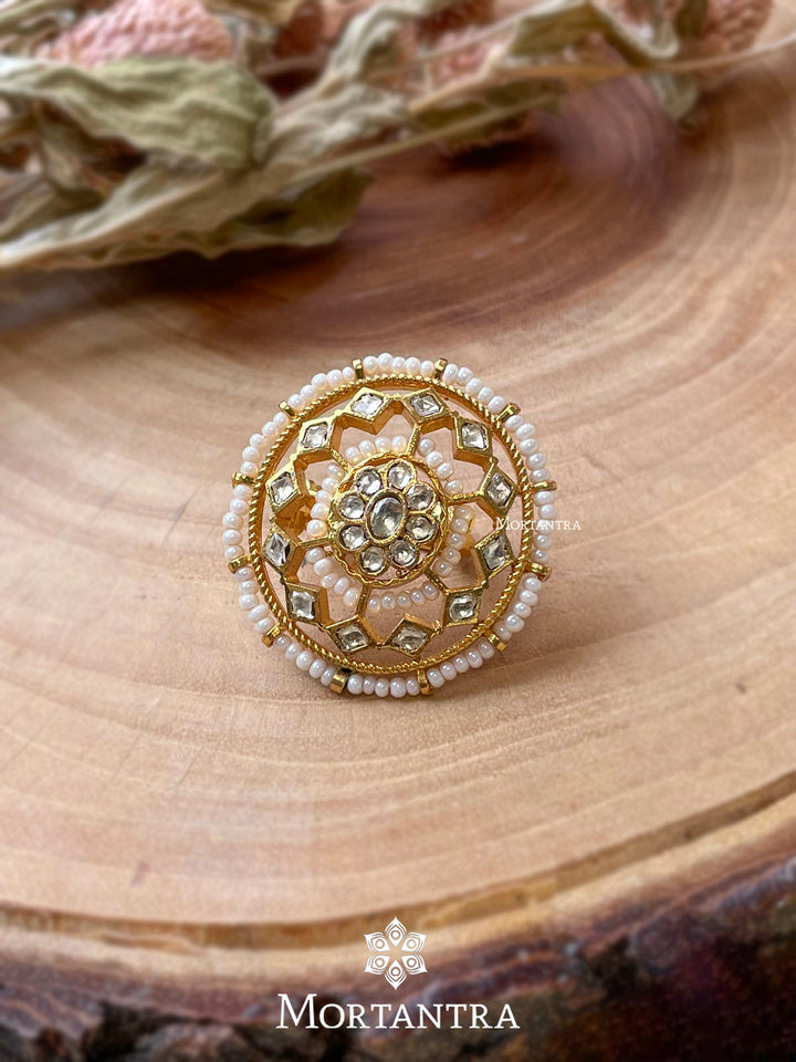 MRNG134Y - White Color Gold Plated Adjustable Jadau Kundan Ring