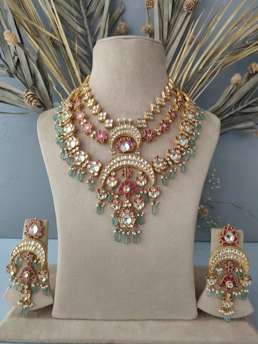 Statement Lotus Jadau Pink Kundan Necklace Set With Fluorite Hangings