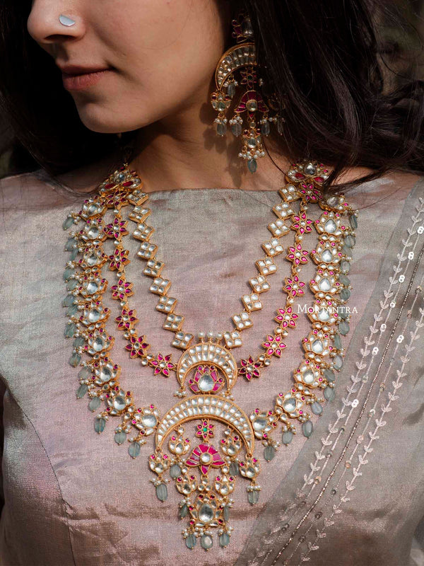 Statement Lotus Jadau Pink Kundan Necklace Set With Fluorite Hangings