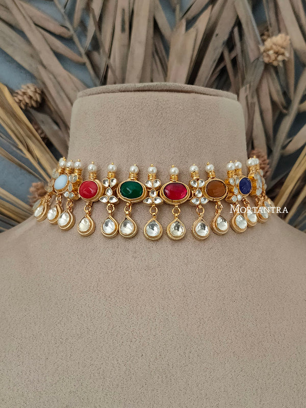 MS1099NA - Multicolor Navratna Jadau Kundan Choker Necklace Set
