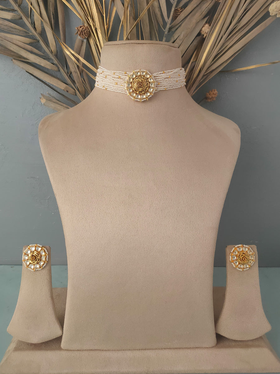 MS1122Y - White Color Gold Plated Jadau Kundan Choker Necklace Set