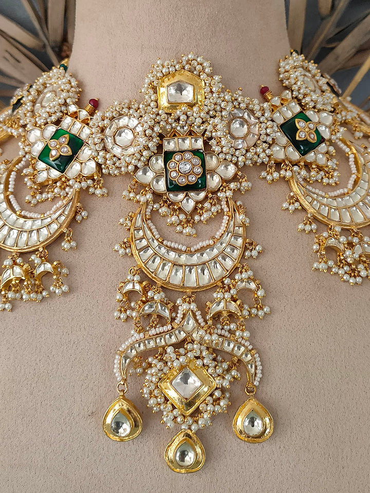 MS1189Y - Green Color Gold Plated Bridal Jadau Kundan Medium Necklace Sets