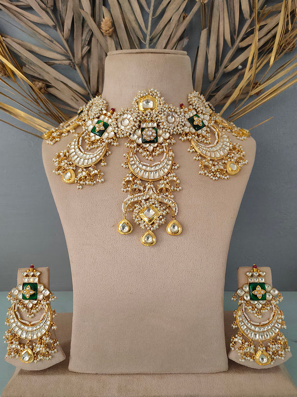 MS1189Y - Green Color Gold Plated Bridal Jadau Kundan Medium Necklace Sets
