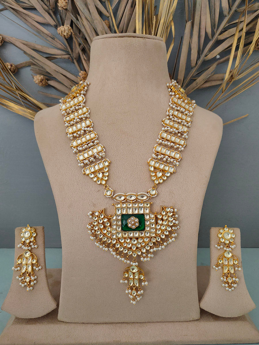 MS1197Y - Green Color Gold Plated Bridal Jadau Kundan Long Necklace Set
