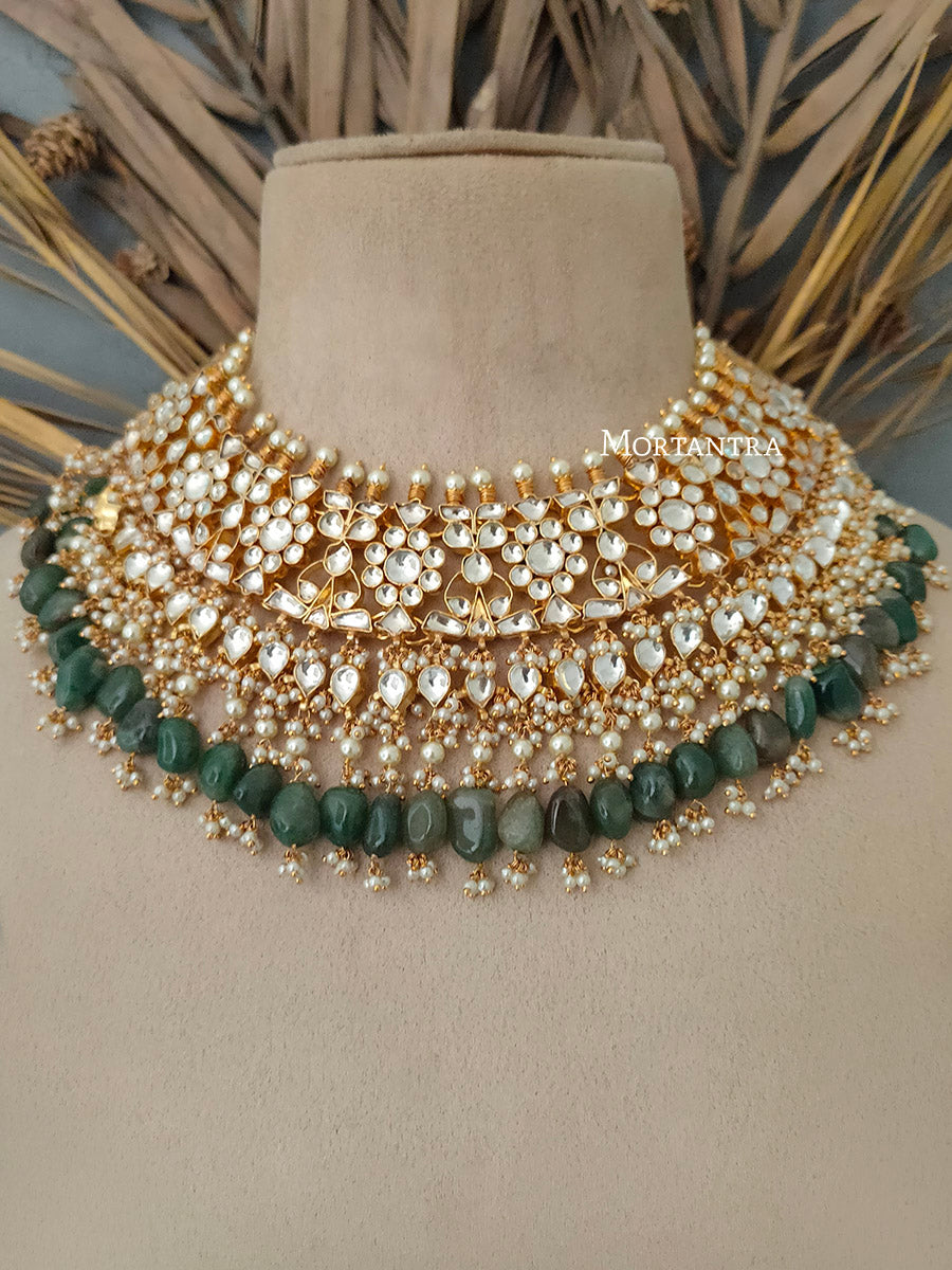 MS1222Y - Green Color Gold Plated Bridal Jadau Kundan Medium Necklace Set