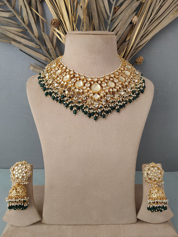 MS1239Y - Green Color Bridal Jadau Kundan Medium Necklace Sets