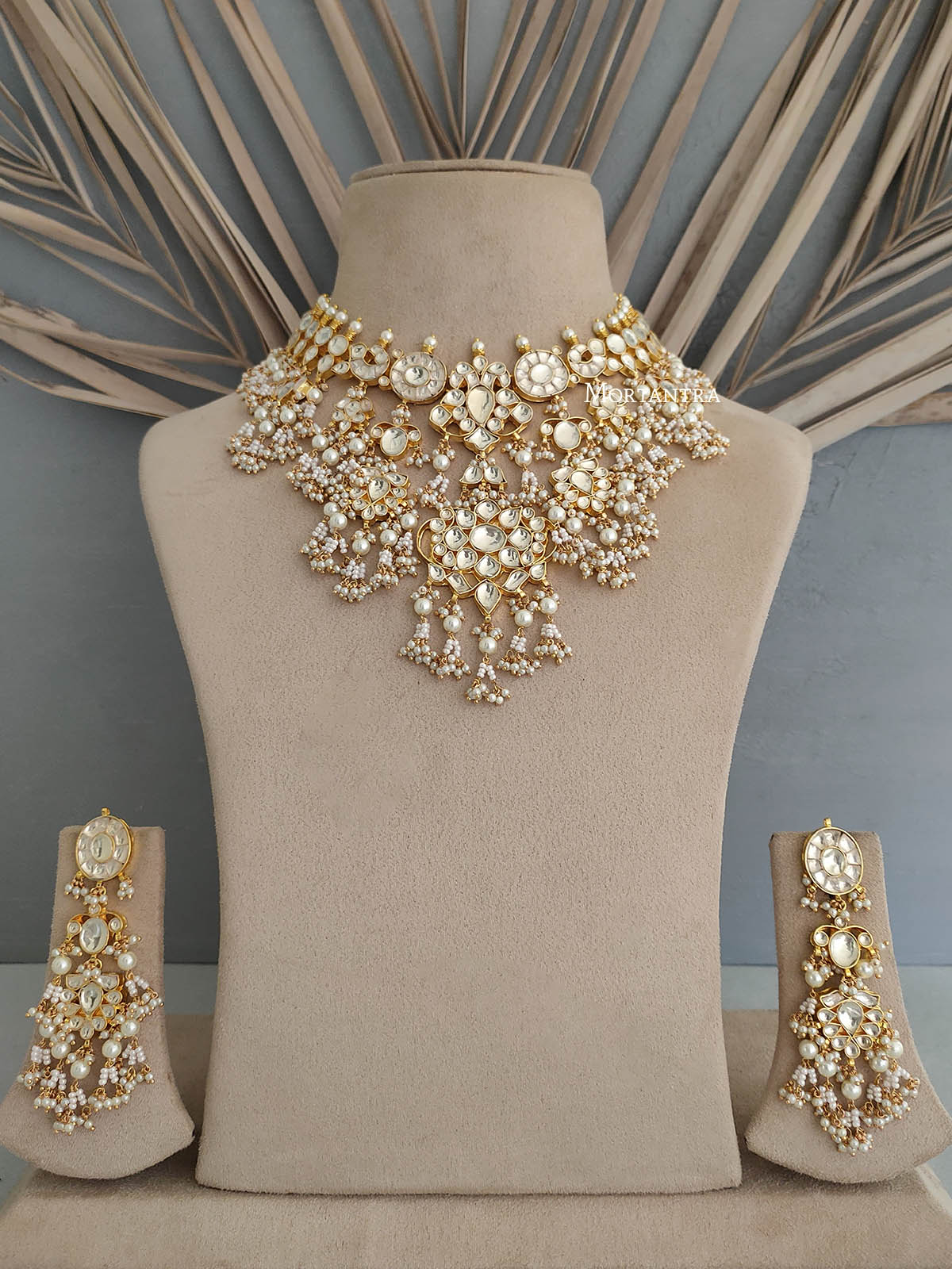 MS1304Y - White Color Gold Plated Jadau Kundan Medium Necklace Sets