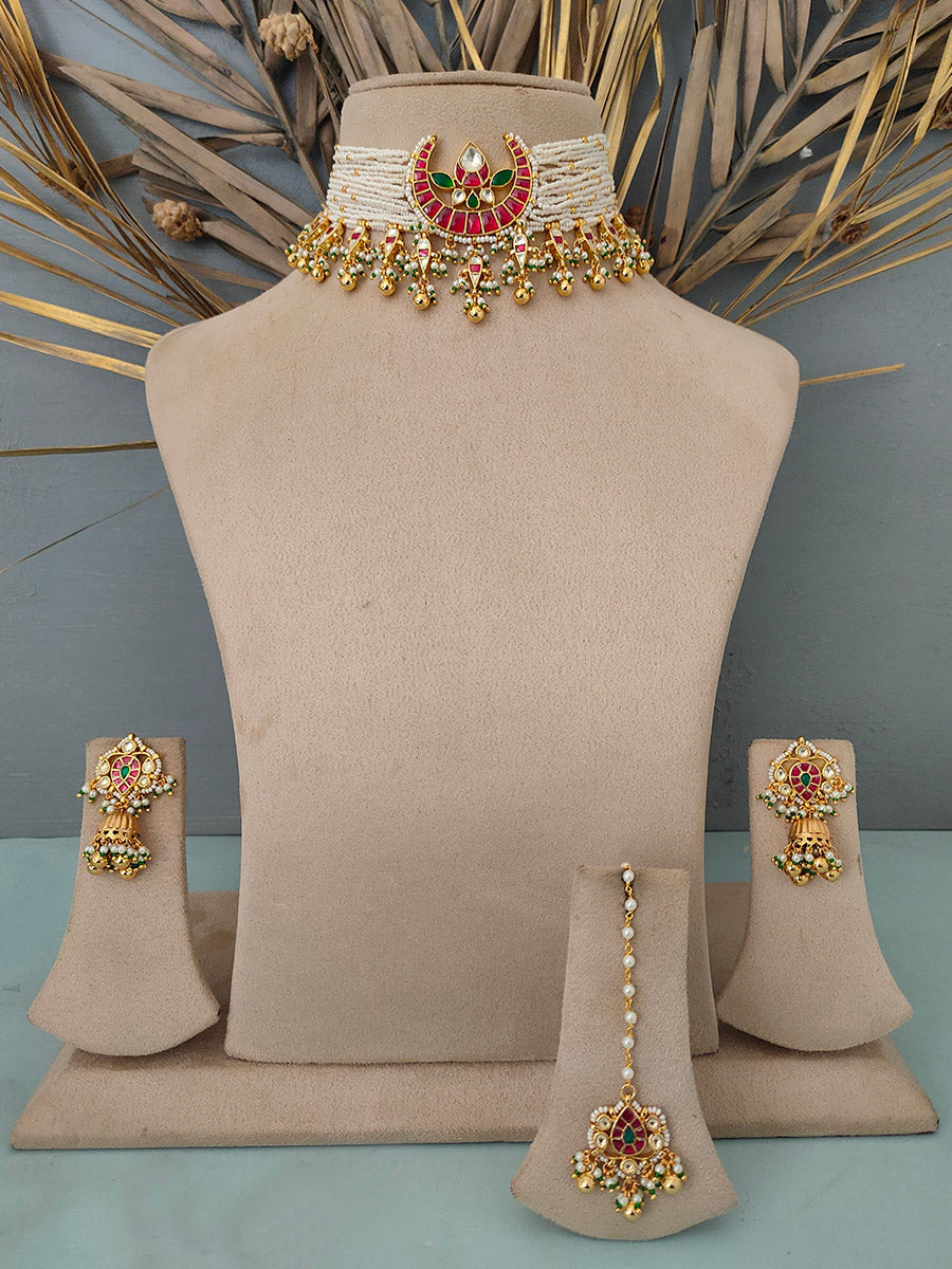 MS1331M - Jadau Kundan Necklace Set With Teeka