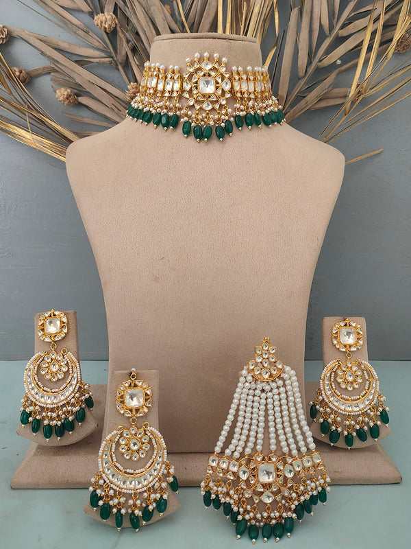 MS1364Y - Green Color Gold Plated Bridal Jadau Kundan Choker Necklace Set With Teeka And Passa