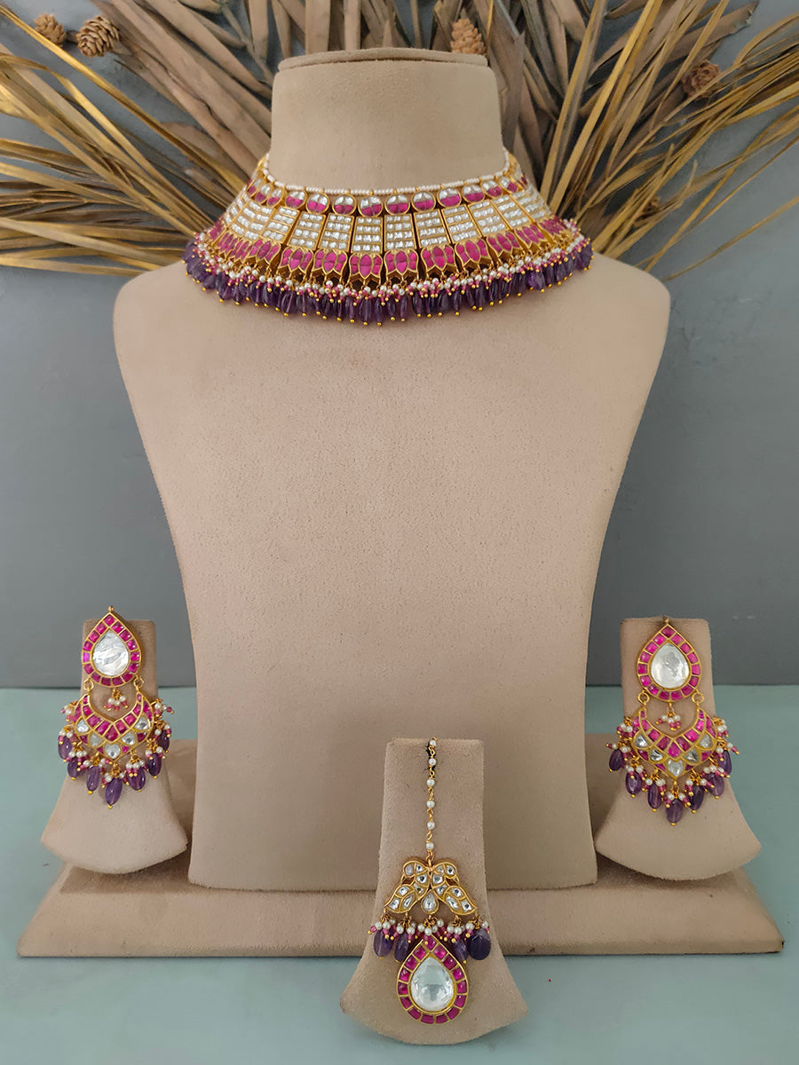 MS1431WP - Multicolor Gold Plated Bridal Jadau Kundan Medium Necklace Set