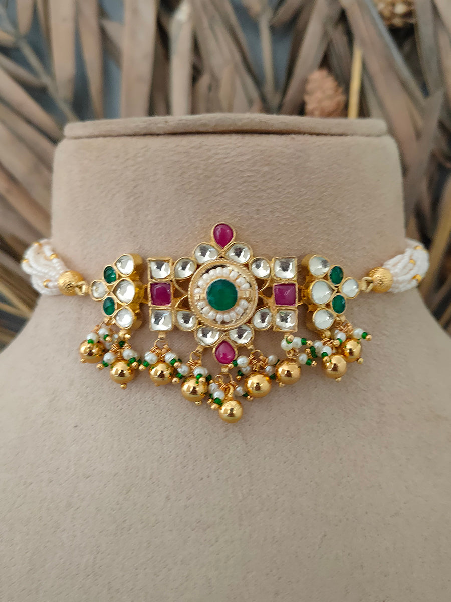 MS1525M - Multicolor Gold Plated Jadau Kundan Choker Necklace Set