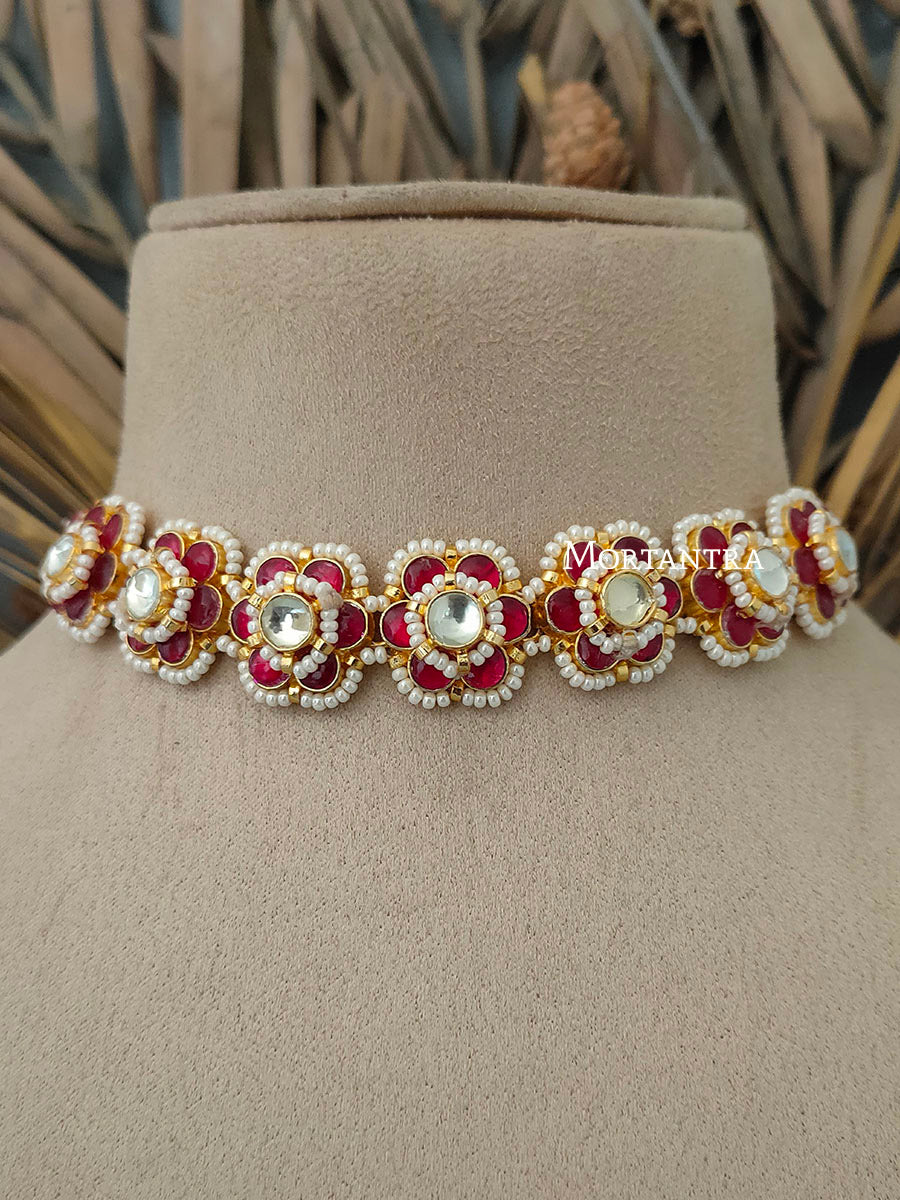 MS1591P - Pink Color Gold Plated Jadau Kundan Short Choker Necklace Set