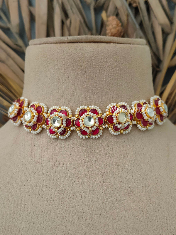 MS1591P - Pink Color Gold Plated Jadau Kundan Short Choker Necklace Set
