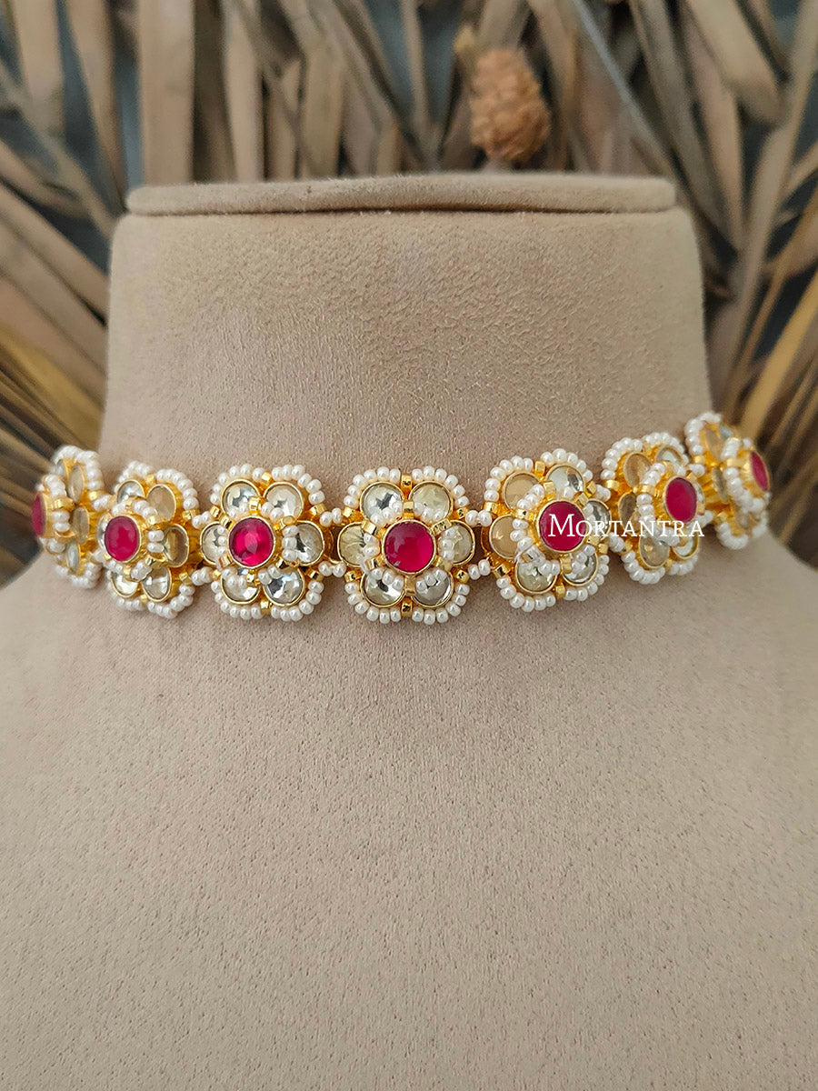 MS1591YP - Pink Color Gold Plated Jadau Kundan Short Choker Necklace Set