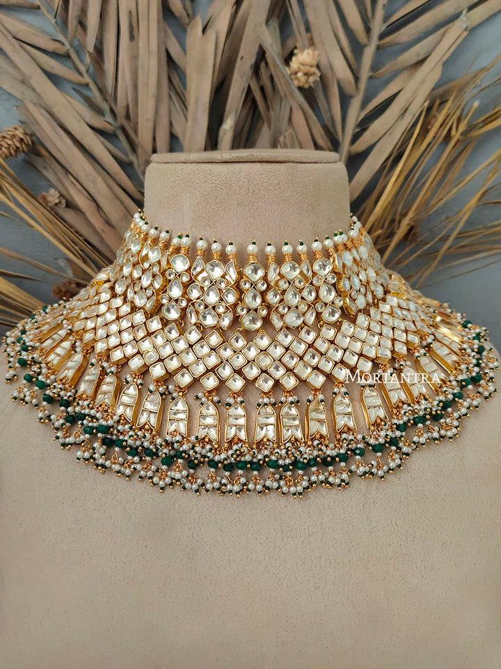 MS1647Y - Green Color Bridal Jadau Kundan Medium Necklace Set