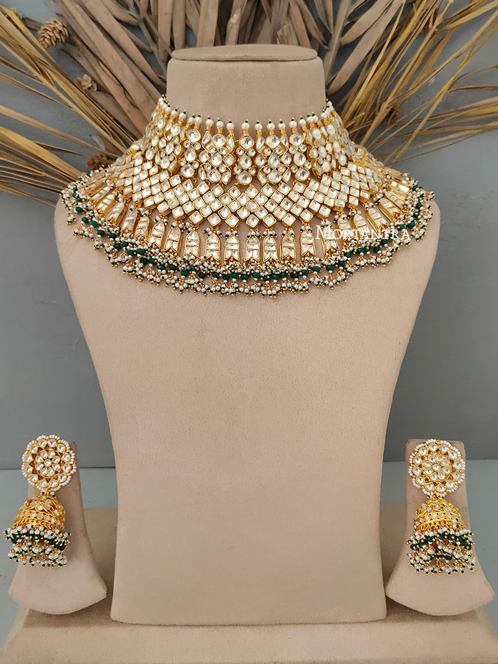 MS1647Y - Green Color Bridal Jadau Kundan Medium Necklace Set