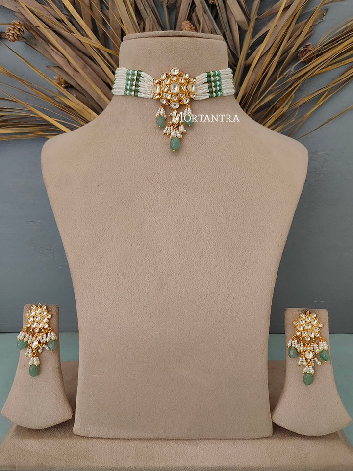 MS1654Y - Green Color Jadau Kundan Choker Necklace Set