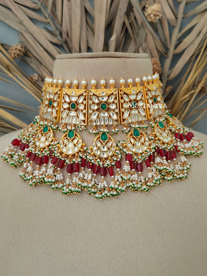 MS1661YGR - Multicolor Gold Plated Bridal Jadau Kundan Choker Medium Necklace Set