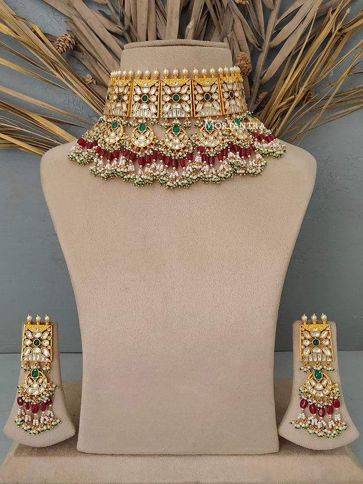 MS1661YGR - Multicolor Gold Plated Bridal Jadau Kundan Choker Medium Necklace Set