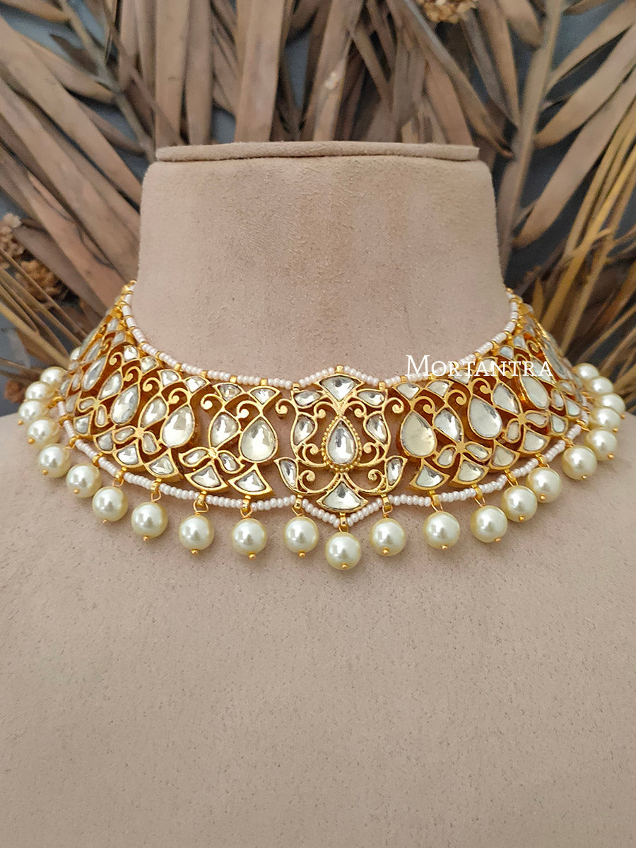 MS1665Y - White Color Gold Plated Jadau Kundan Short Choker Necklace Set