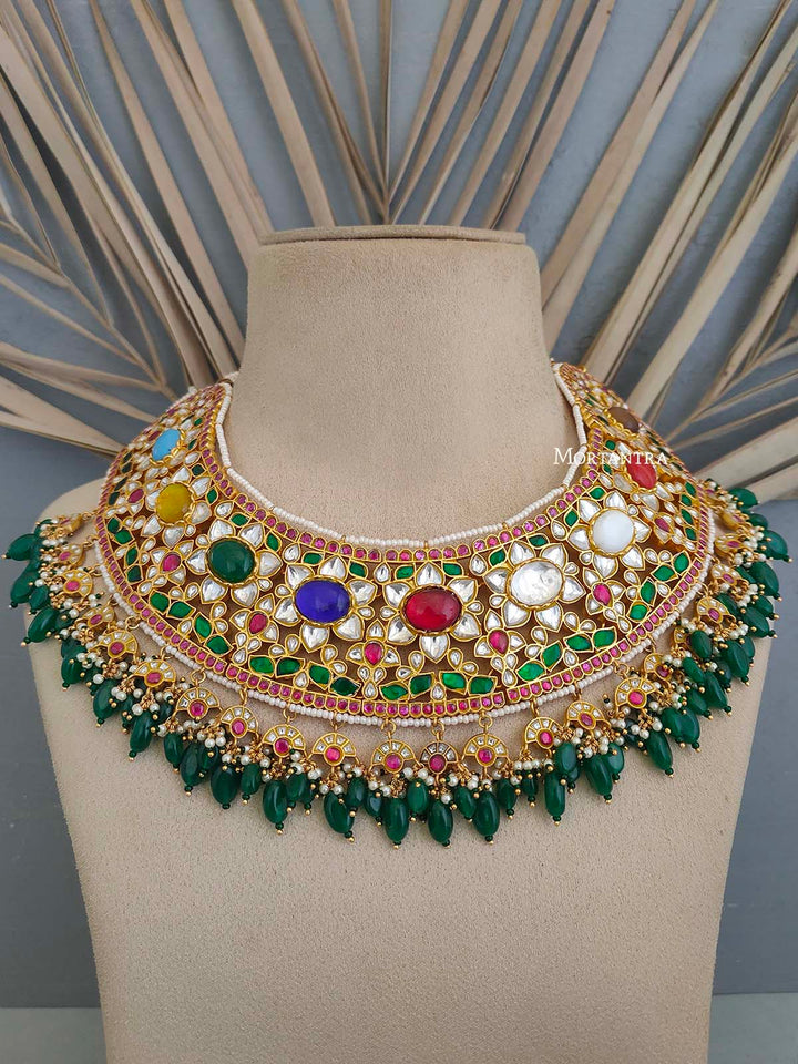 MO-S25N - Multicolor Bridal Jadau Kundan Medium Necklace Set