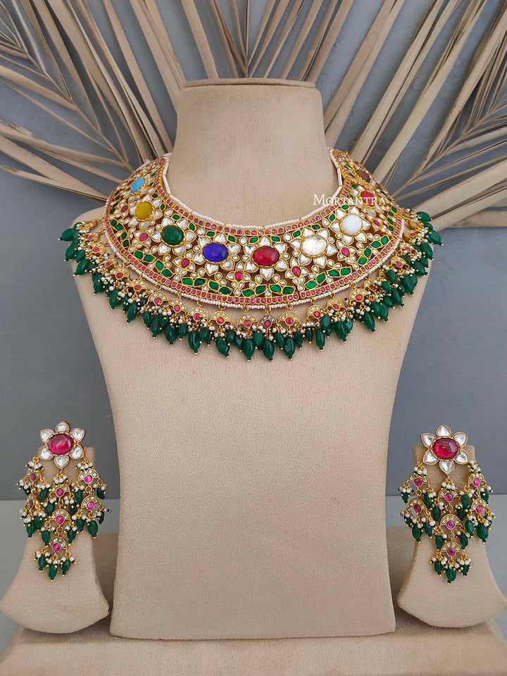 MO-S25N - Multicolor Bridal Jadau Kundan Medium Necklace Set