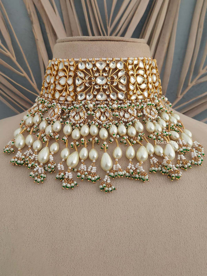 MS1785Y - Green Color Gold Plated Bridal Jadau Kundan Medium Choker Necklace Set
