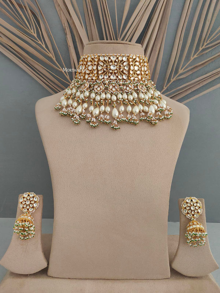 MS1785Y - Green Color Gold Plated Bridal Jadau Kundan Medium Choker Necklace Set