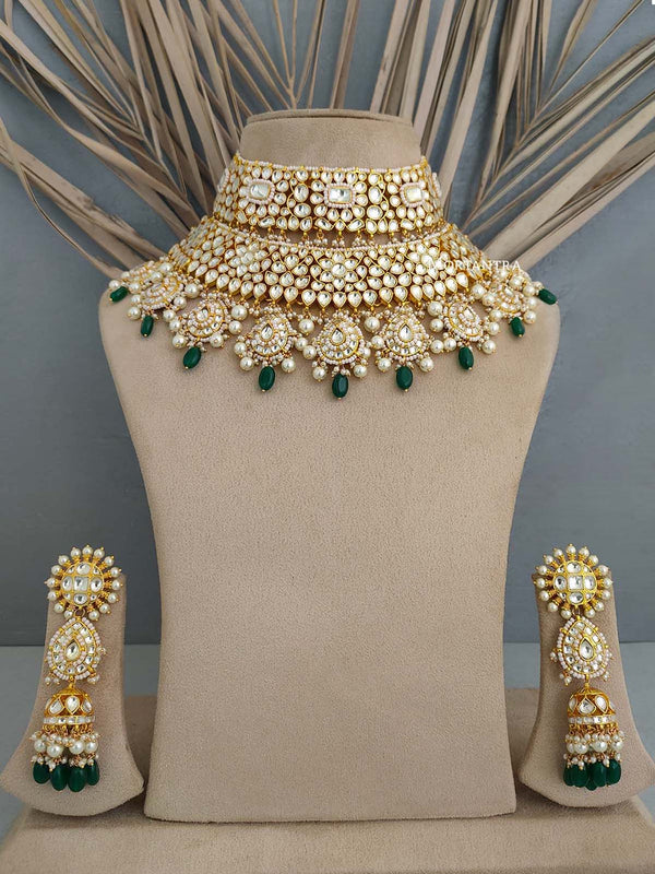 MS1786Y - Green Color Bridal Jadau Kundan Medium Chocker Necklace Set