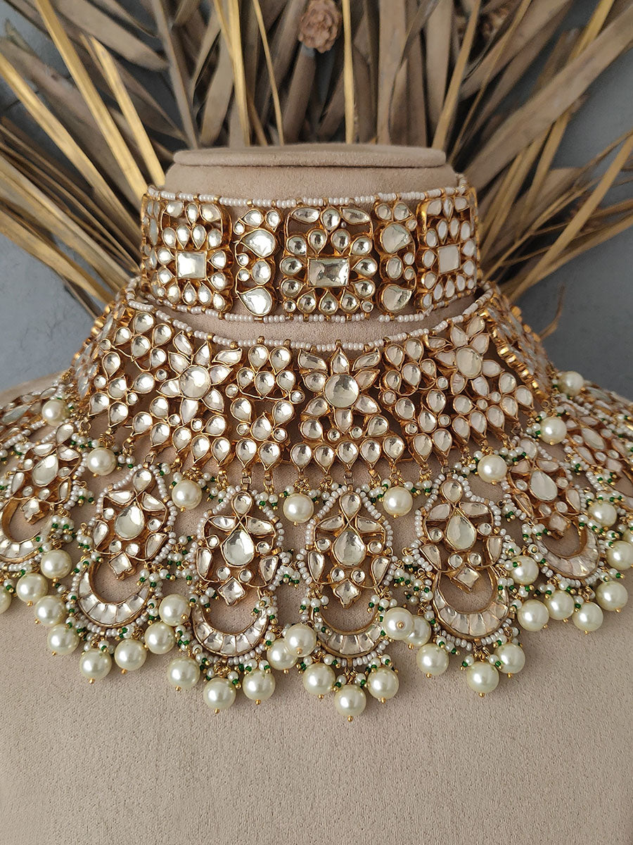 MS288 - Green Color Gold Plated Bridal Jadau Kundan Medium Choker Necklace Sets