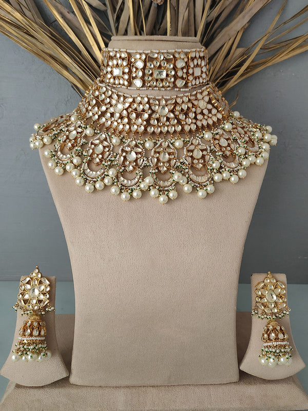 MS288 - Green Color Gold Plated Bridal Jadau Kundan Medium Choker Necklace Sets