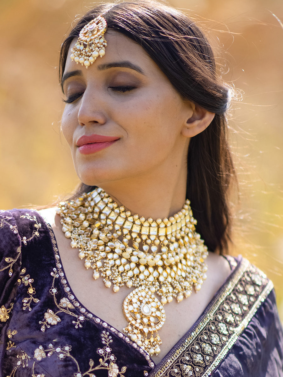 MS484 - White Color Gold Plated Bridal Jadau Kundan Medium Necklace Sets